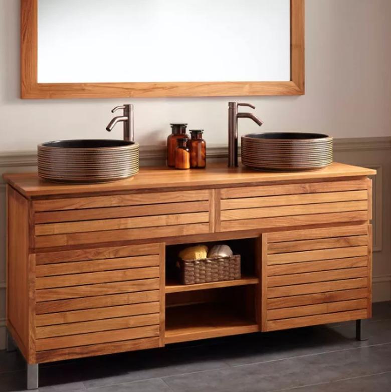 teak bathroom vanity with large mirror