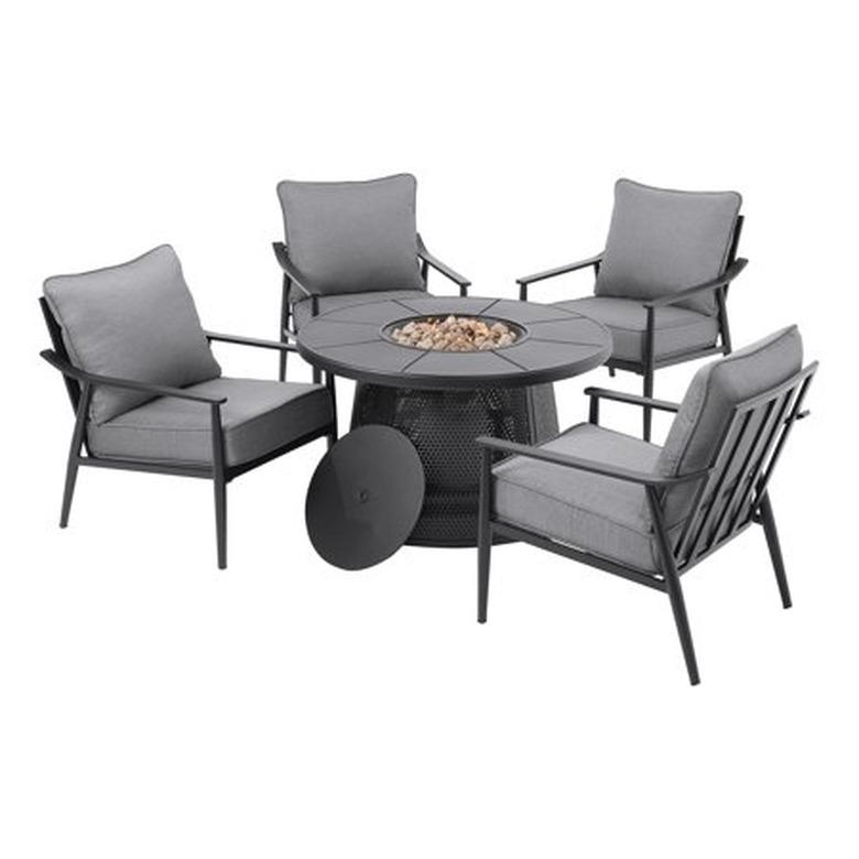 Better Homes & Gardens Acadia 5-Piece Outdoor Fire Pit and Chair Set with Gray Cushions