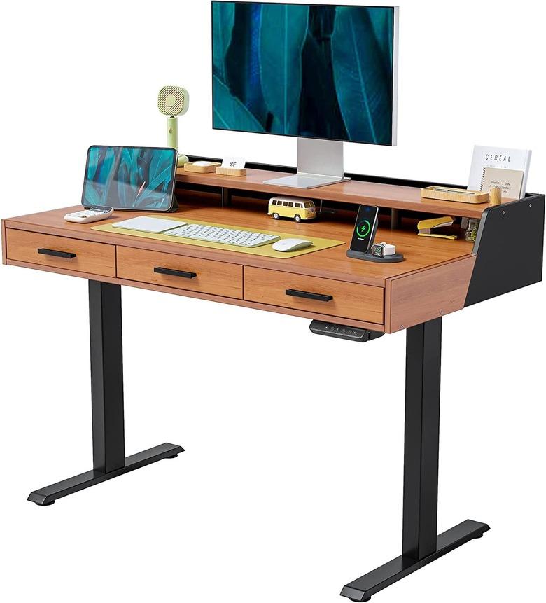 FEZIBO Electric Standing Desk With 3 Drawers & Monitor Shelves