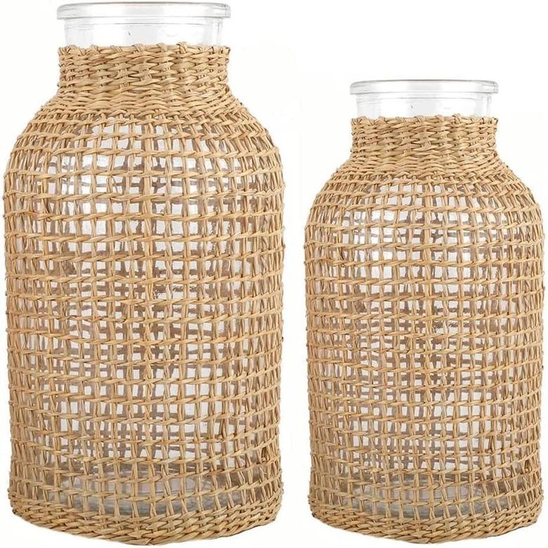 DOITOOL Glass Flower Vase with Rattan Cover (set of 2)