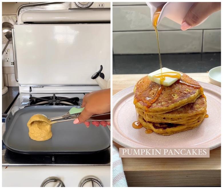 On the left is a hand scooping pancake batter onto a pan on the stove. On the right is a stack of pumpkin pancakes topped with a square of butter and being drizzled with syrup.