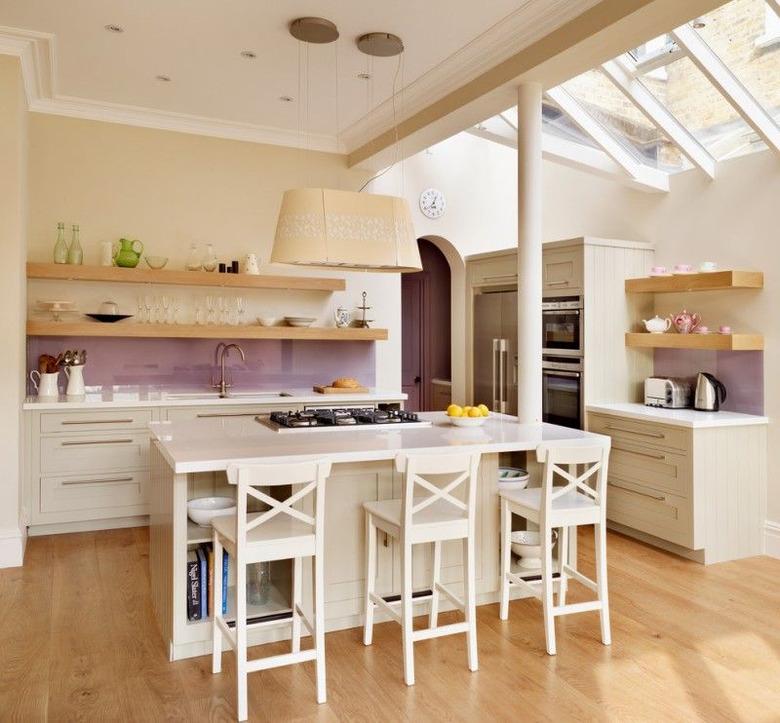 purple kitchen color idea with lilac glass backsplash and wood shelving above