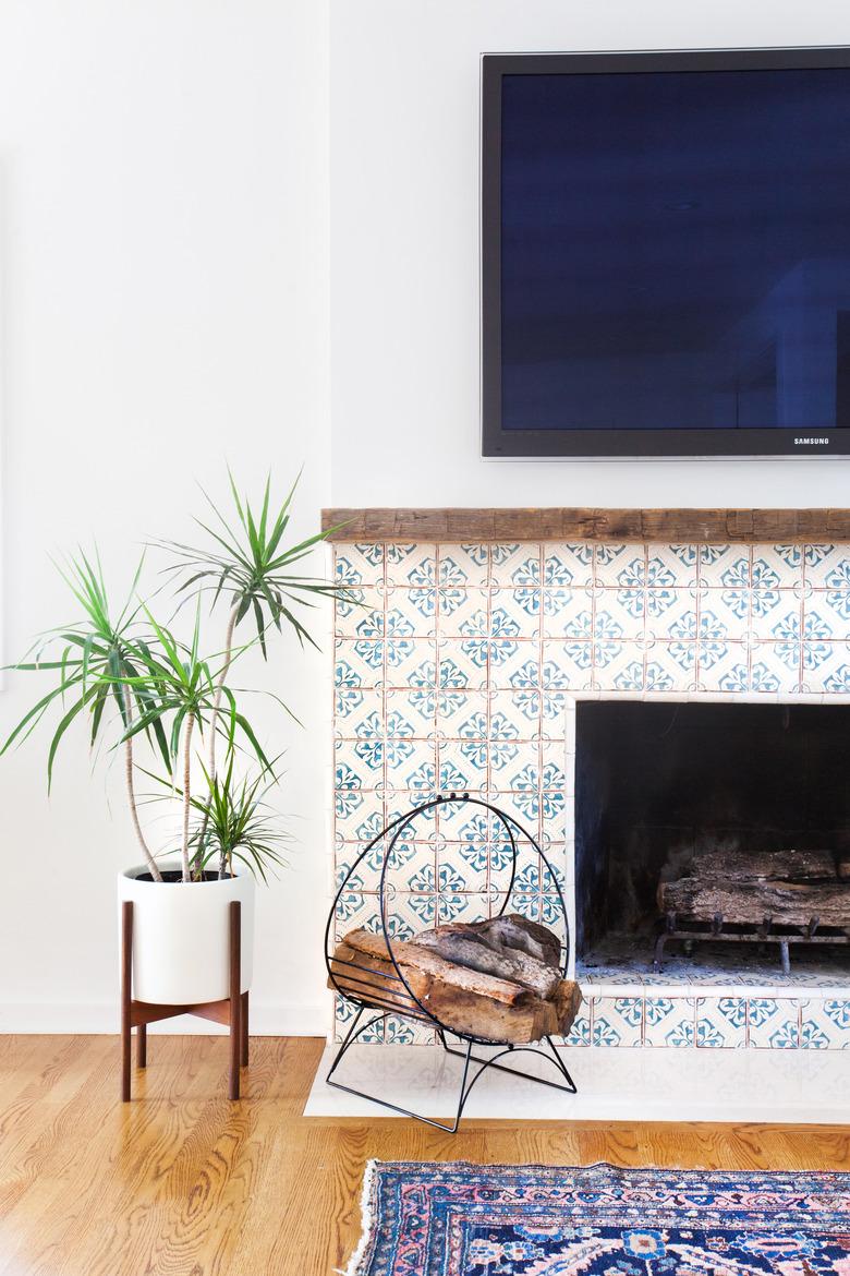 colorful rustic tiles around fireplace