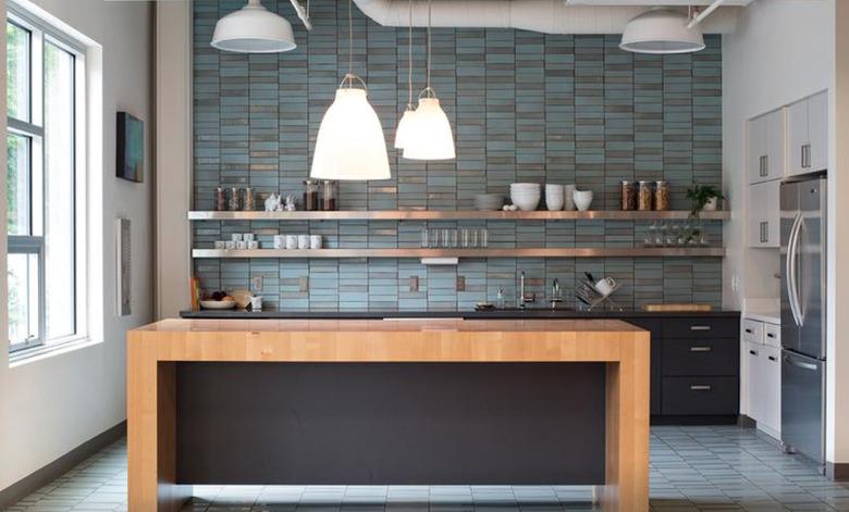 This crystal blue Classic Field Tile from Heath turns a minimal kitchen into something spectacular.