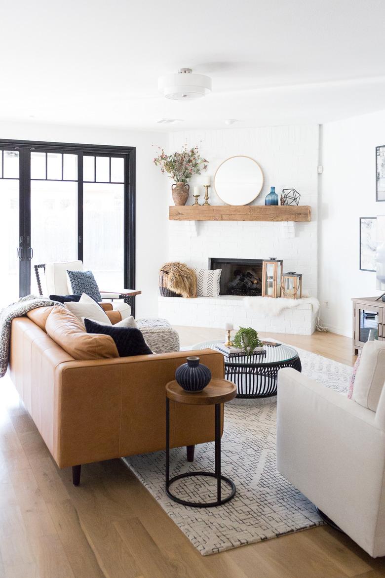 white and nickel semi-flush mount light in living room