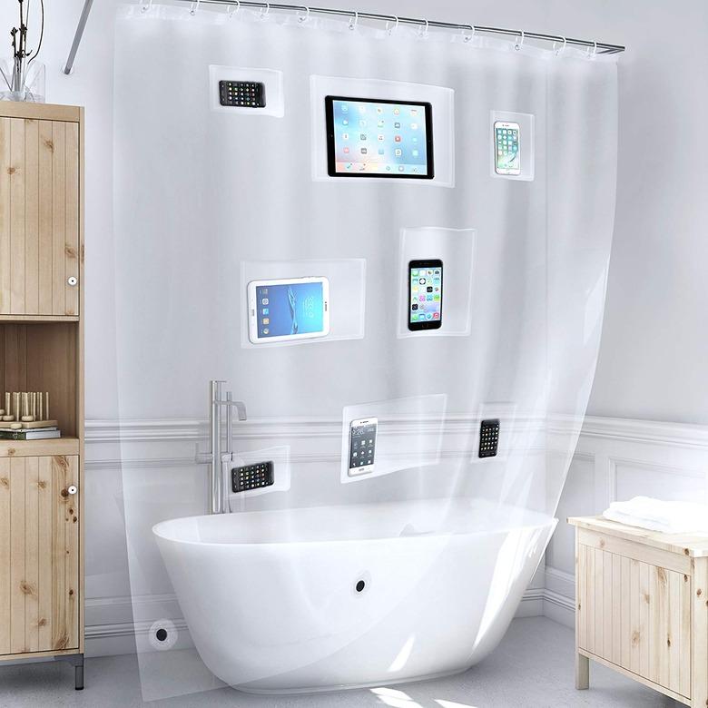 pocketed plastic shower curtain with storage