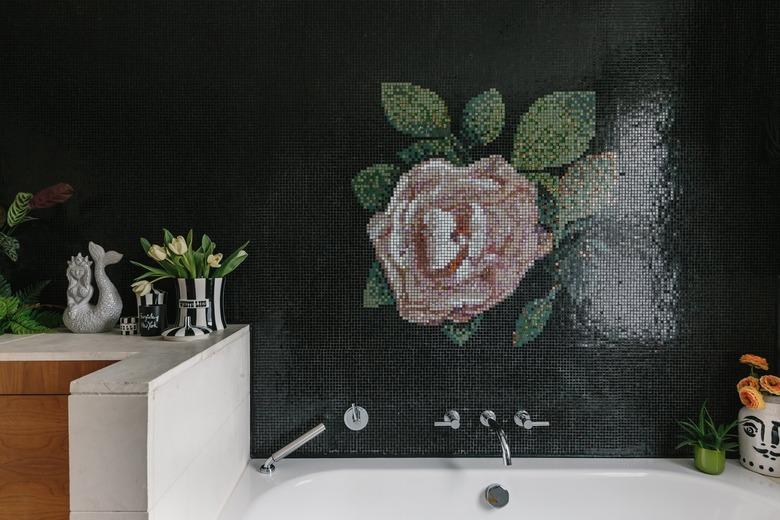 small bathroom wall art idea with mosaic tile floral wall mural above bathtub