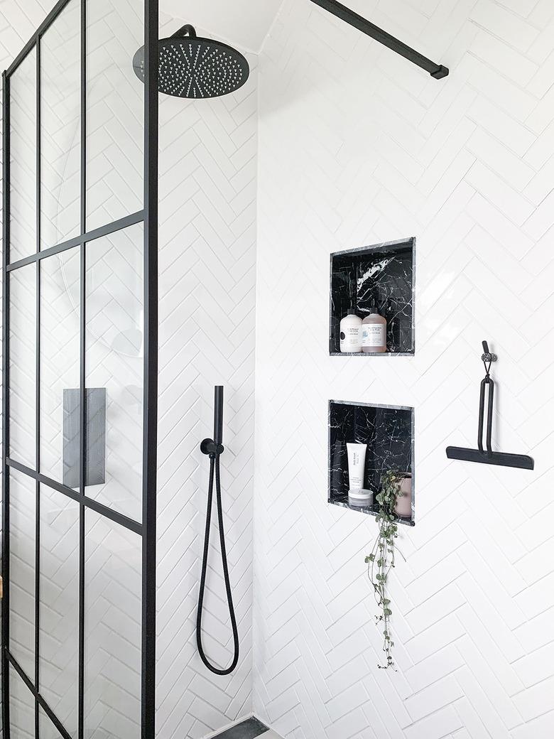 small shower idea with monochrome black and white color palete