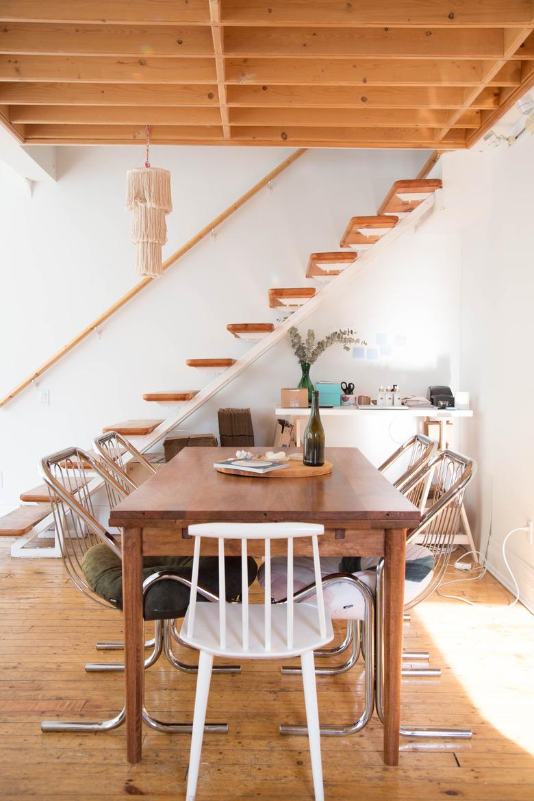 wood floating stairs for small space near dining room