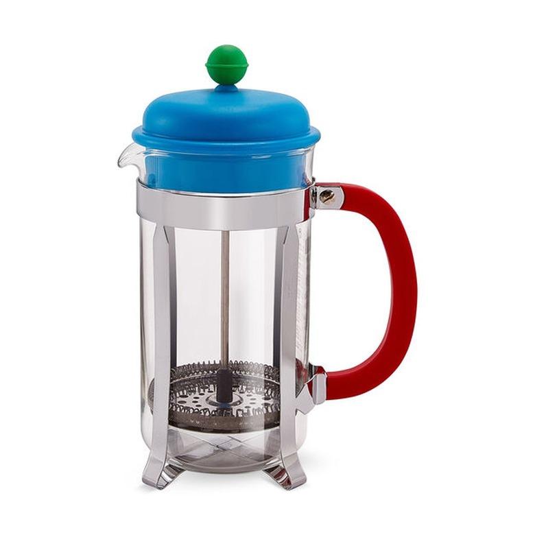 French press with glass carafe, red handle and blue lid