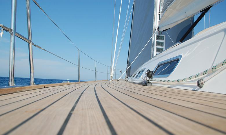 View along teak deck on a sailboat