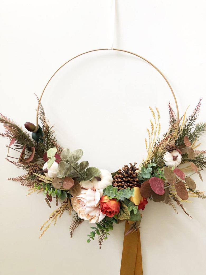 Thanksgiving Wreath with flowers and  Velvet Ribbon