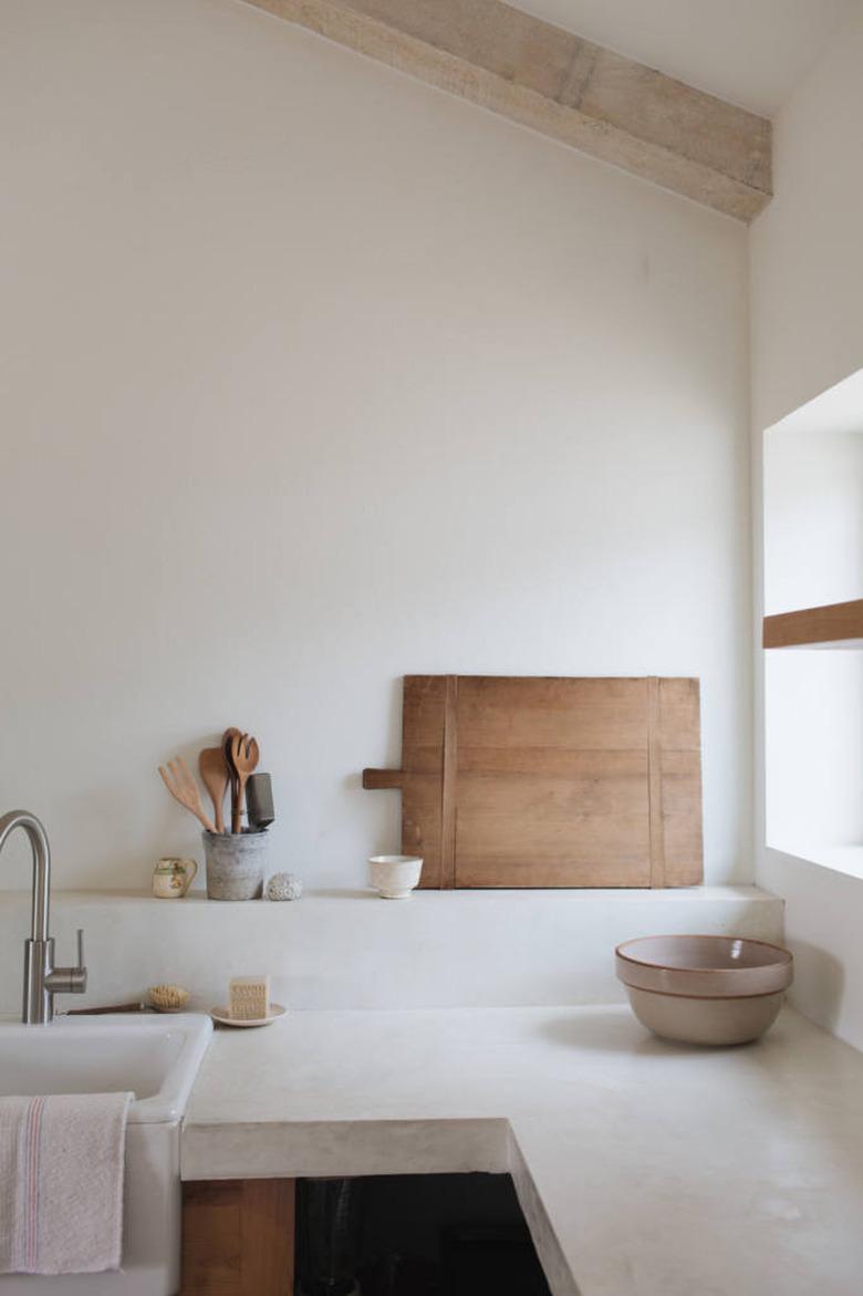 neutral kitchen with extra thick white concrete countertops