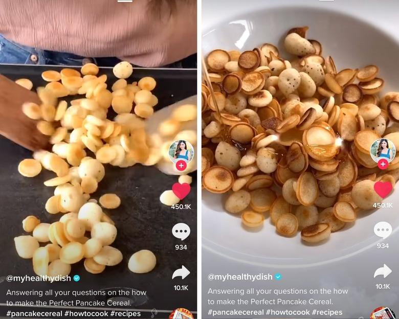 photo of pancake cereal with maple syrup in a bowl