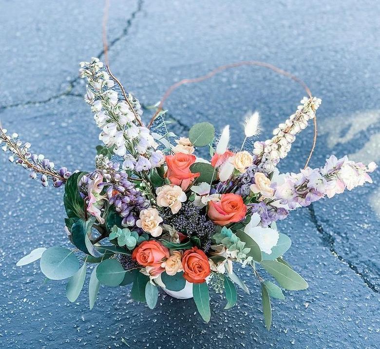 orange, white, and purple trader joe's flower arrangement