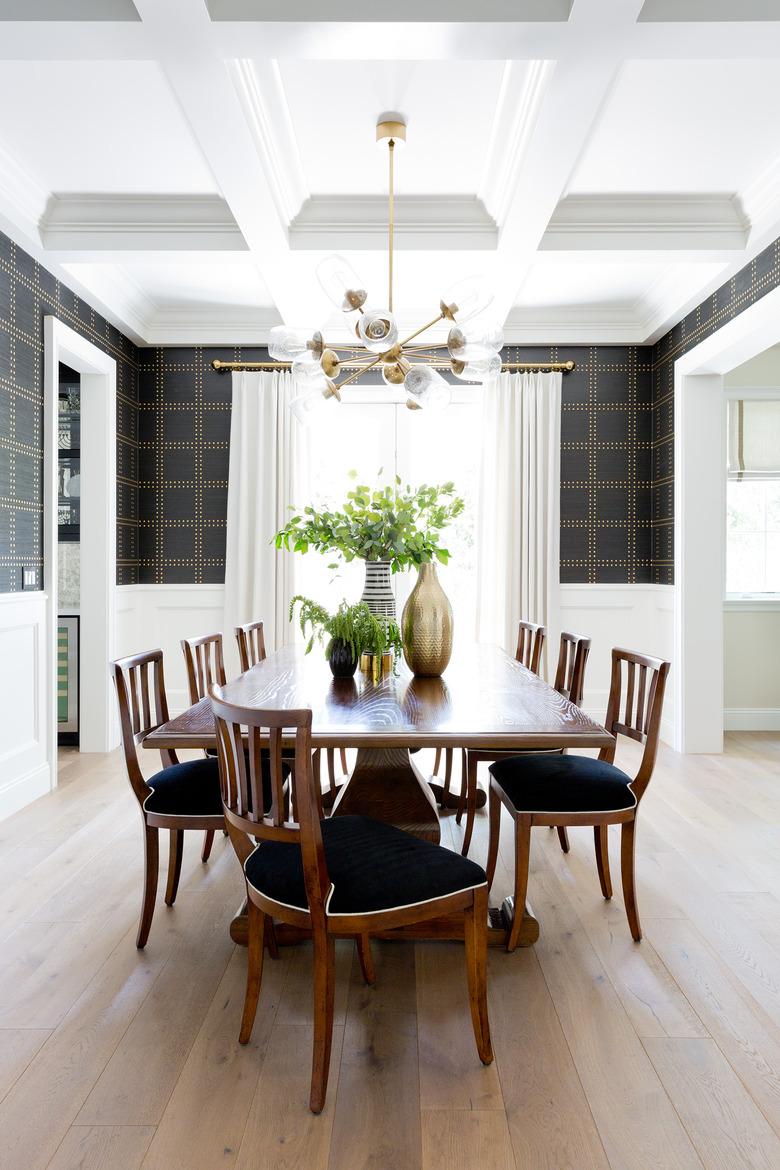 traditional dining room lighting hanging from coffered ceiling