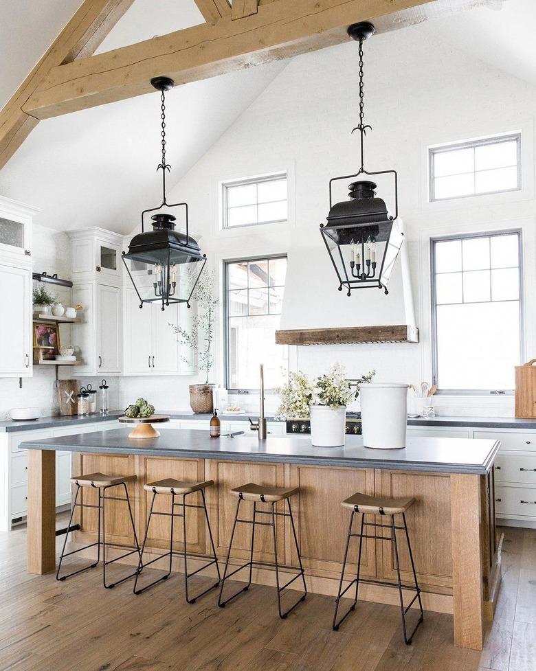 traditional kitchen lighting with lantern style fixture over island