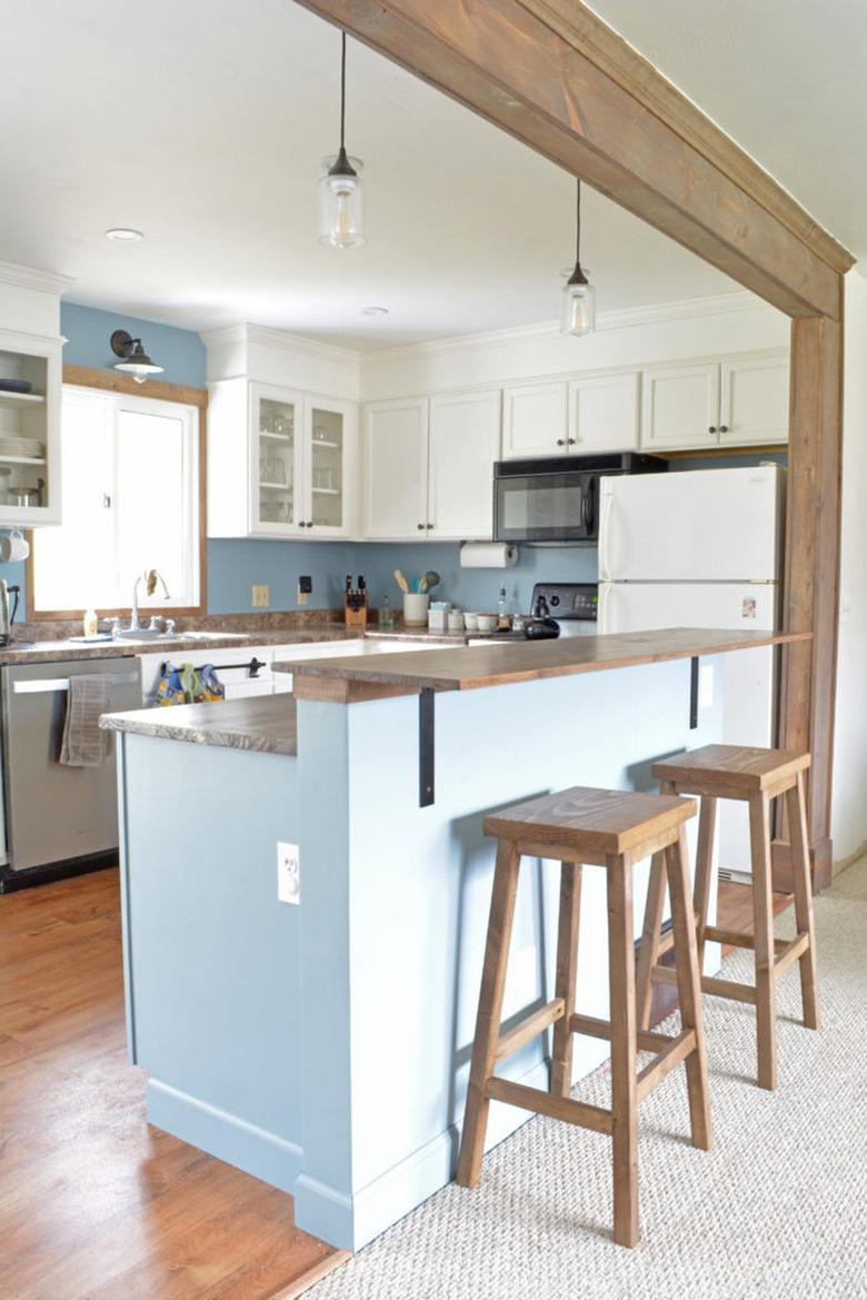 blue and wood DIY two-tier kitchen island in farmhouse kitchen