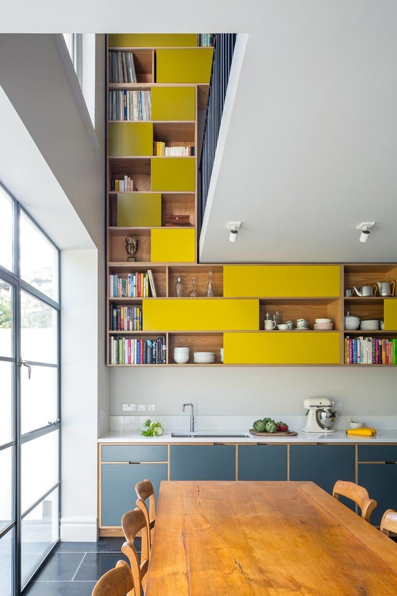 two-tone kitchen color idea with blue and yellow cabinetry