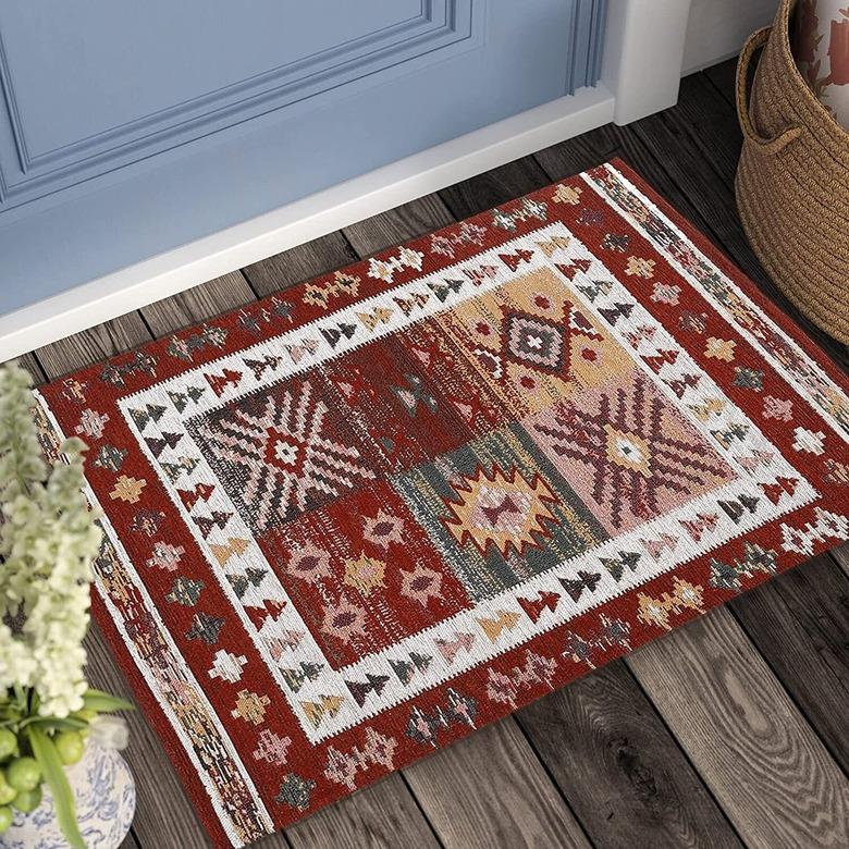 red patterned doormat