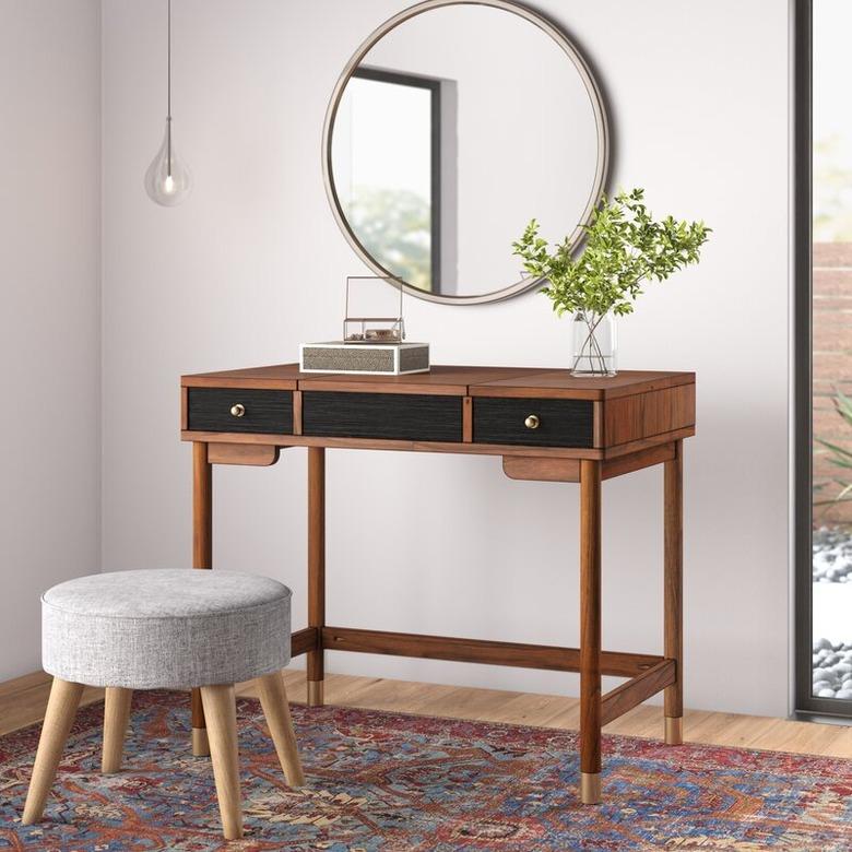 AllModern Boleynwood Vanity with Mirror and grey upholstered stool