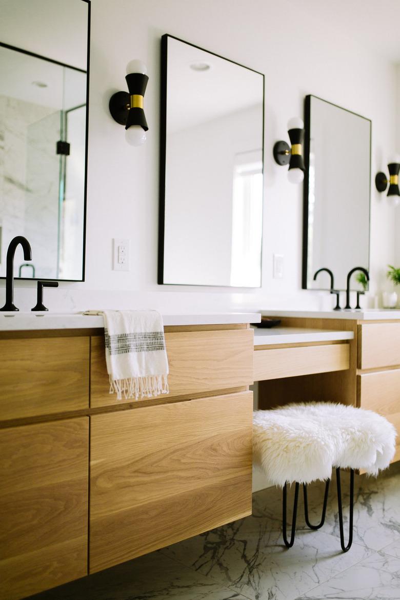 double vanity and quartz bathroom countertop and wood cabinet