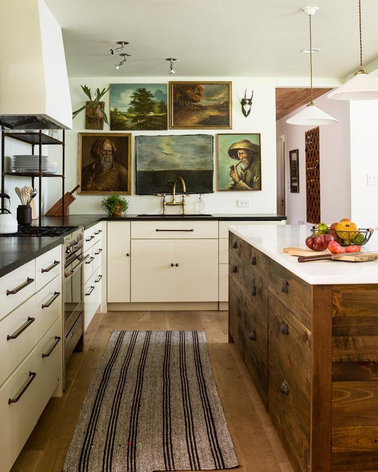 ivory kitchen cabinets with reclaimed wood kitchen island