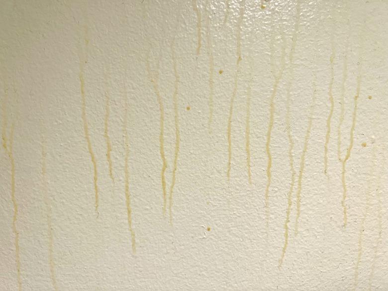 brownish drips down a white wall in a bathroom