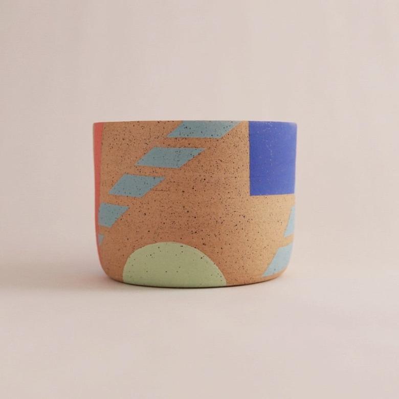 Wheelthrown Planter  Raw speckled stoneware clay with handpainted Memphis Design inspired geometric patterns. Drainage hole included.