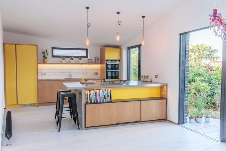 Minimal Scandinavian yellow kitchen color idea with wood cabinets