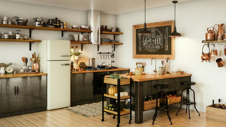 industrial farmhouse kitchen with open shelving