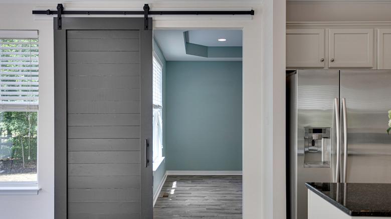 interior gray sliding barn door