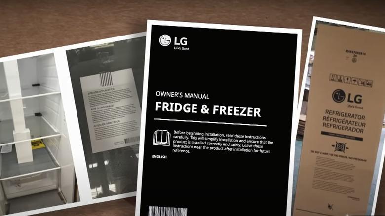 photos of LG's arbitration clauses taped to inside of fridge, the front of the fridge owner's manual, and the fridge cardboard box with the arbitration clause printed on it