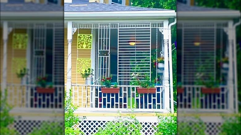 metal bedframe trellis on a porch