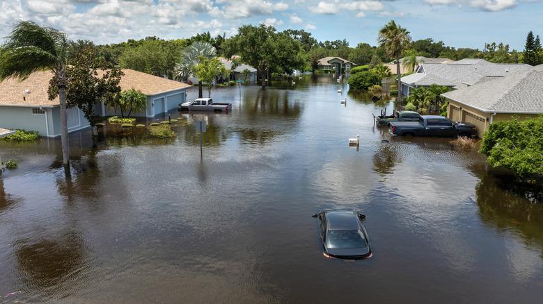 A flooded Florida neighborhood, with houses and cars half covered by water.