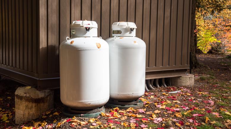 A set of propane tanks sit nearby someone's shed in the middle of autumn.