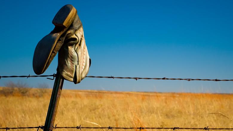 cowboy boot on a fencepost with a blue sky behind