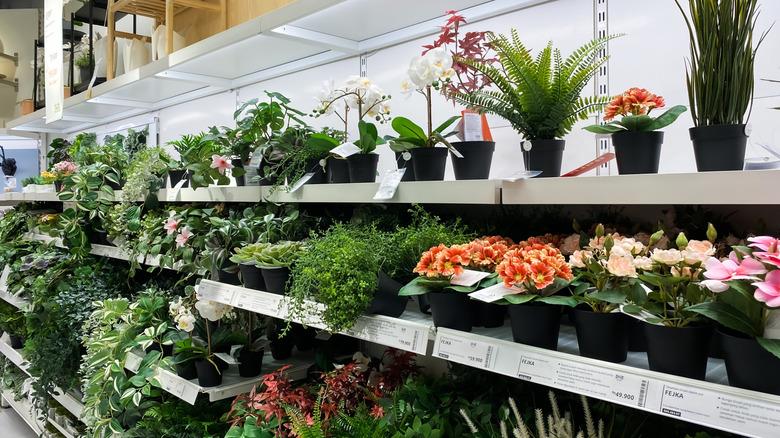 store aisle filled with rows of artificial plants and flowers with price tags