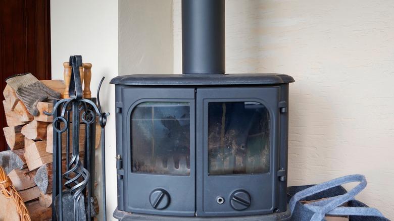 Wood-burning stove with black stove pipe
