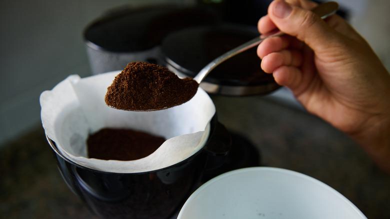 A hand scooping fresh coffee grounds into a machine