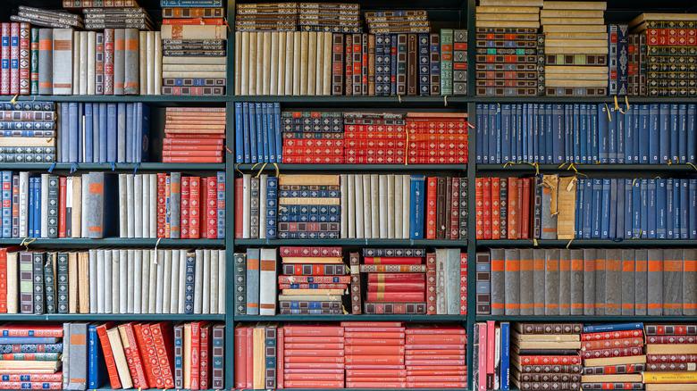 Three shelves of books with a red, blue, and gray color palette.