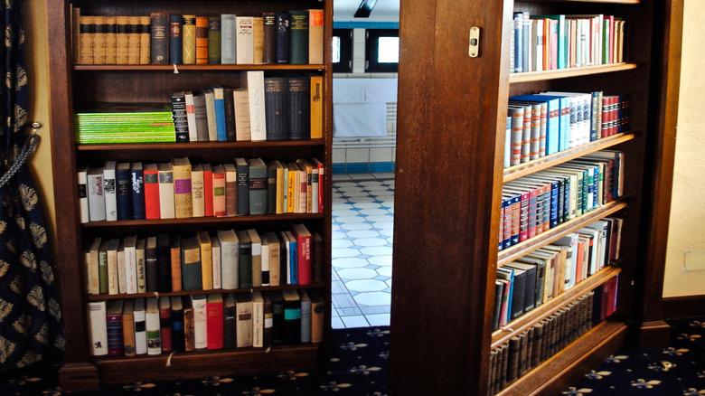 A hidden bookcase door in a hotel.