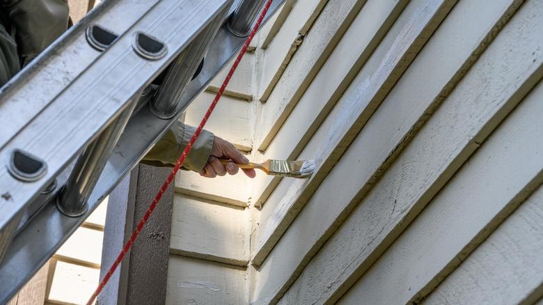 Exterior wood siding with man on ladder