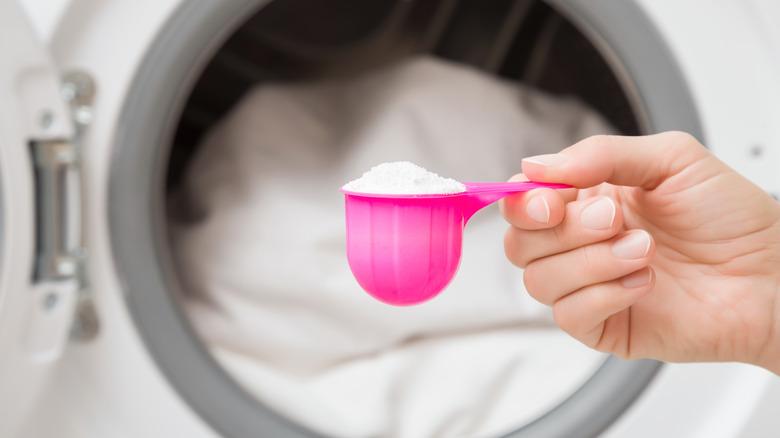 Person holding powdered laundry soap in front of washer