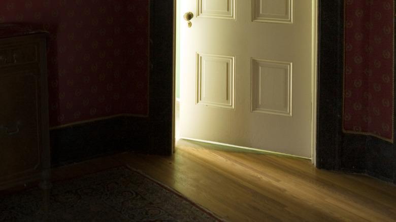 partially open white interior french doors