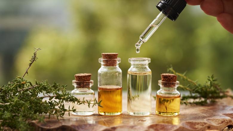 Tiny jars of thyme essential oils and thyme sprigs