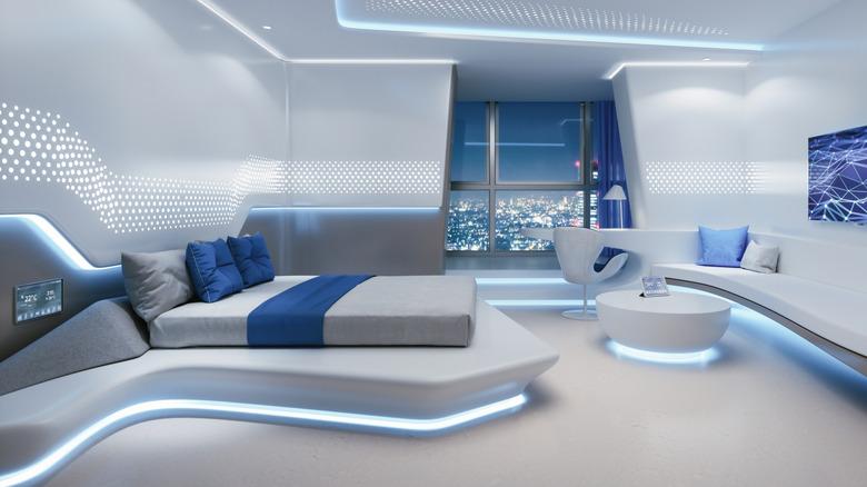 A futuristic hotel room with lots of blue light