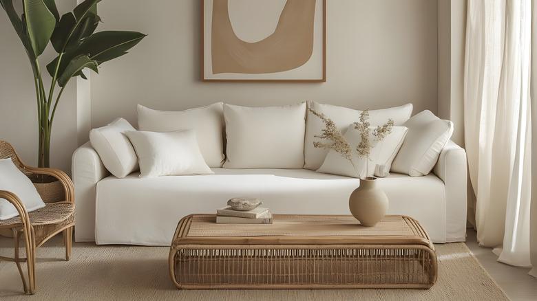 quiet luxury living room with beige walls, off-white sofa, and rattan furniture