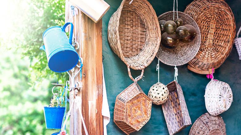 collection of vintage straw baskets