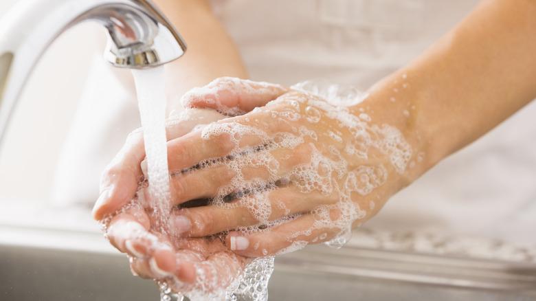 Washing hands in kitchen sink